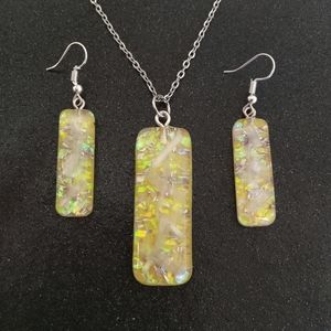 Yellow faux opal selenite oronite bar dangle earrings and necklace jewelry set